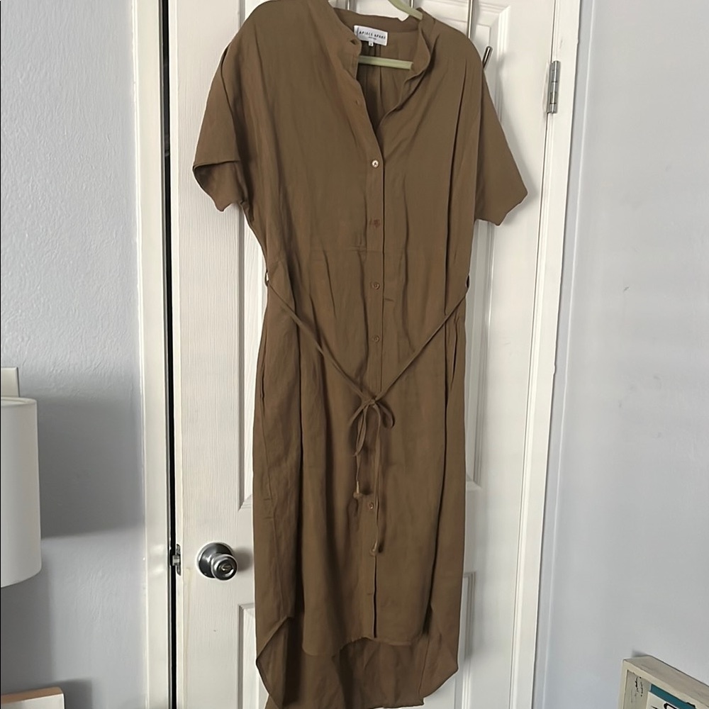 Apiece Apart %100 Linen Brown/Olive  Button-Front High-Low Shirt Dress NWOT